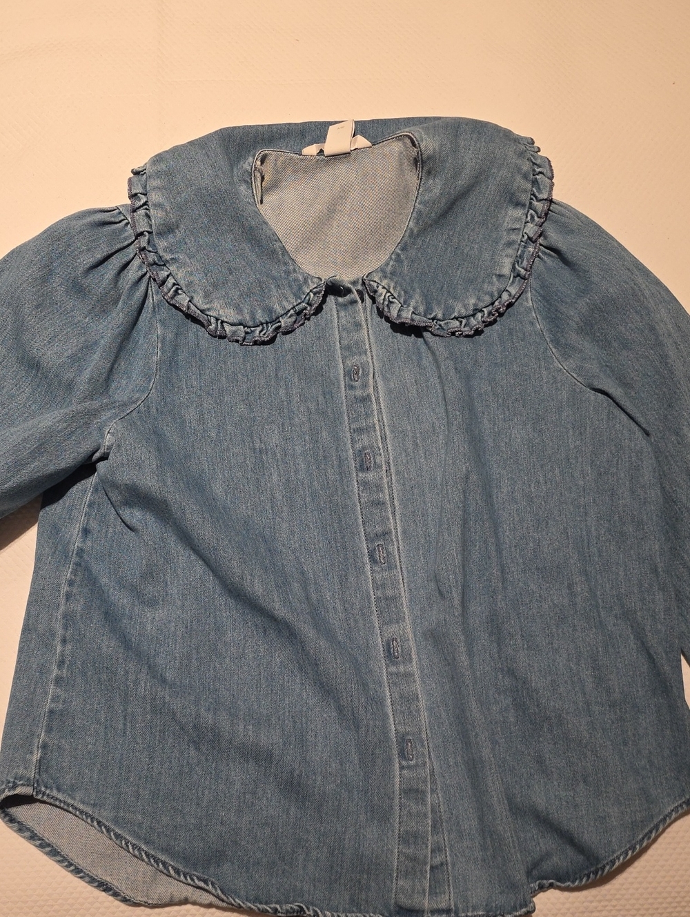 Light Blue Denim Shirt Jacket with Ruffle Peter Collar